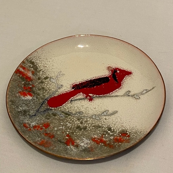 Pair of Bovano handcrafted enamel on copper cardinal trinket dishes, coasters - Picture 2 of 5